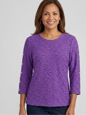 Alfred Dunner Popcorn Knit Top Grandmacore Button Split Sleeve Petite PS